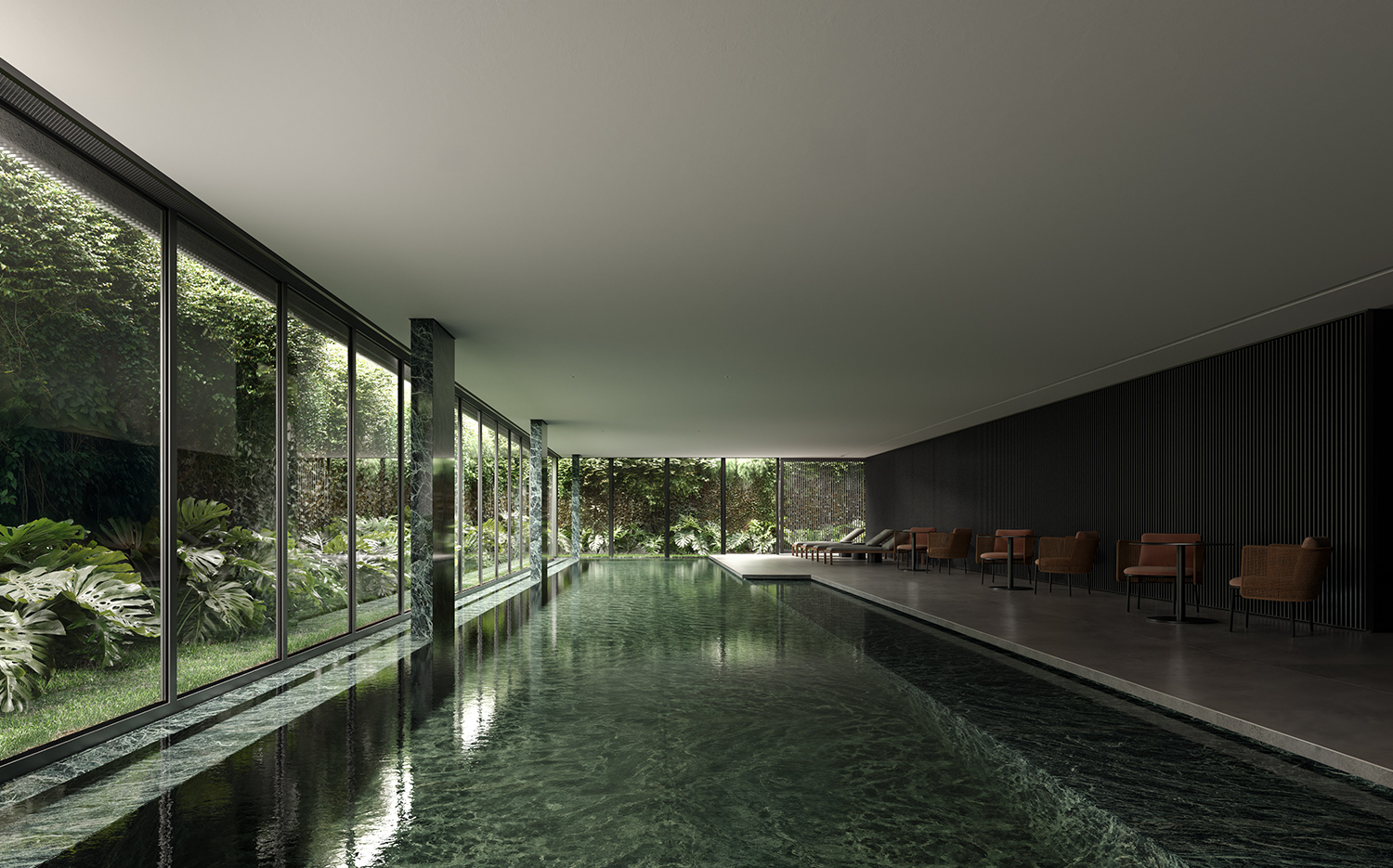 Piscina com borda em mármore e vegetação natural no Enora Residence