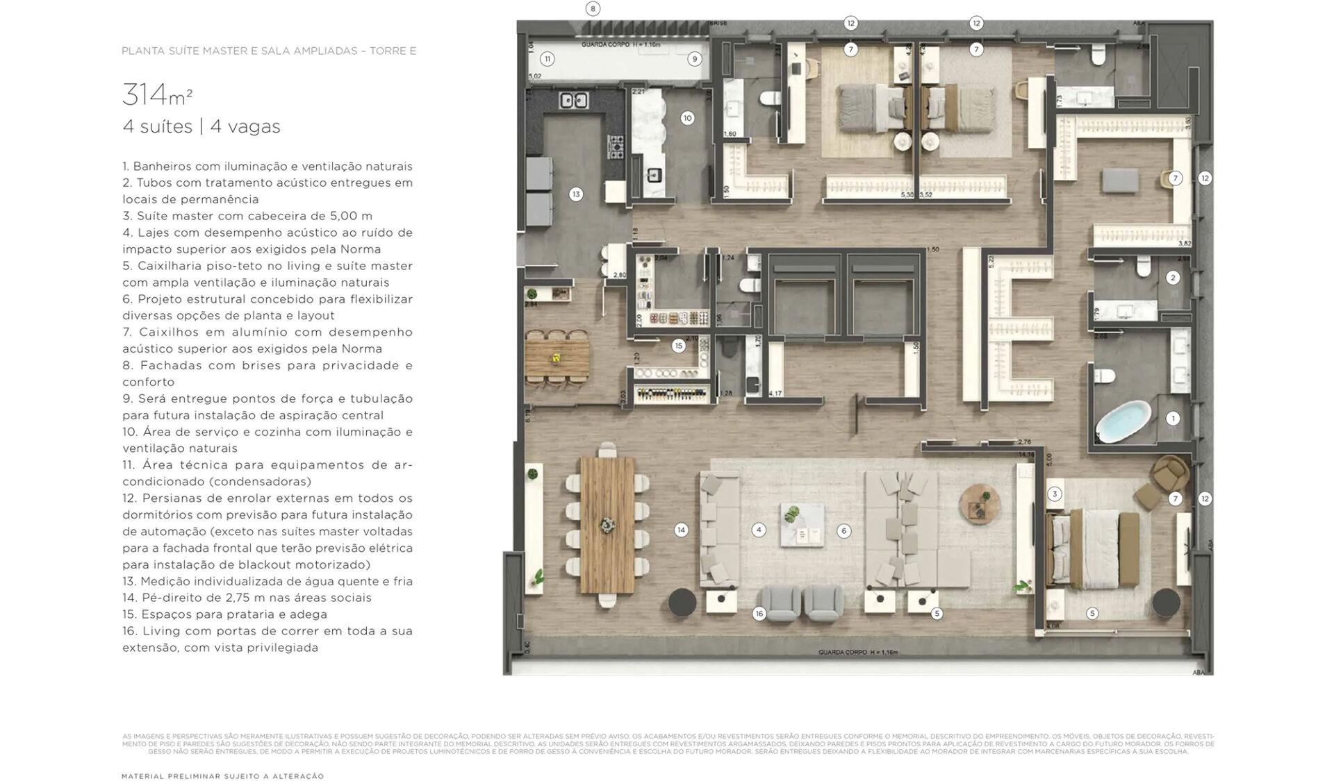 Layout de apartamento com 4 suítes, suíte master ampliada e sala estendida