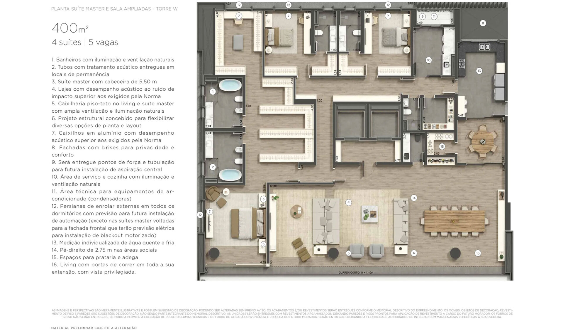 Layout com living estendido e suíte master com banheira e closet amplo