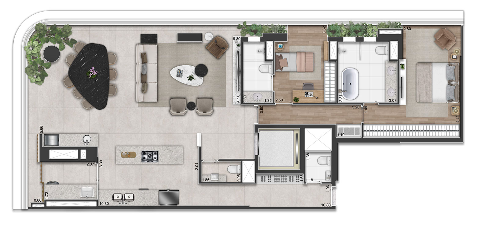 Planta Opção 1 - 2 suítes - 154,50m² - 2 SUÍTES, SALA AMPLIADA E SUÍTE MASTER COM SALA DE BANHO SR. E SRA. - Península Vila Madalena