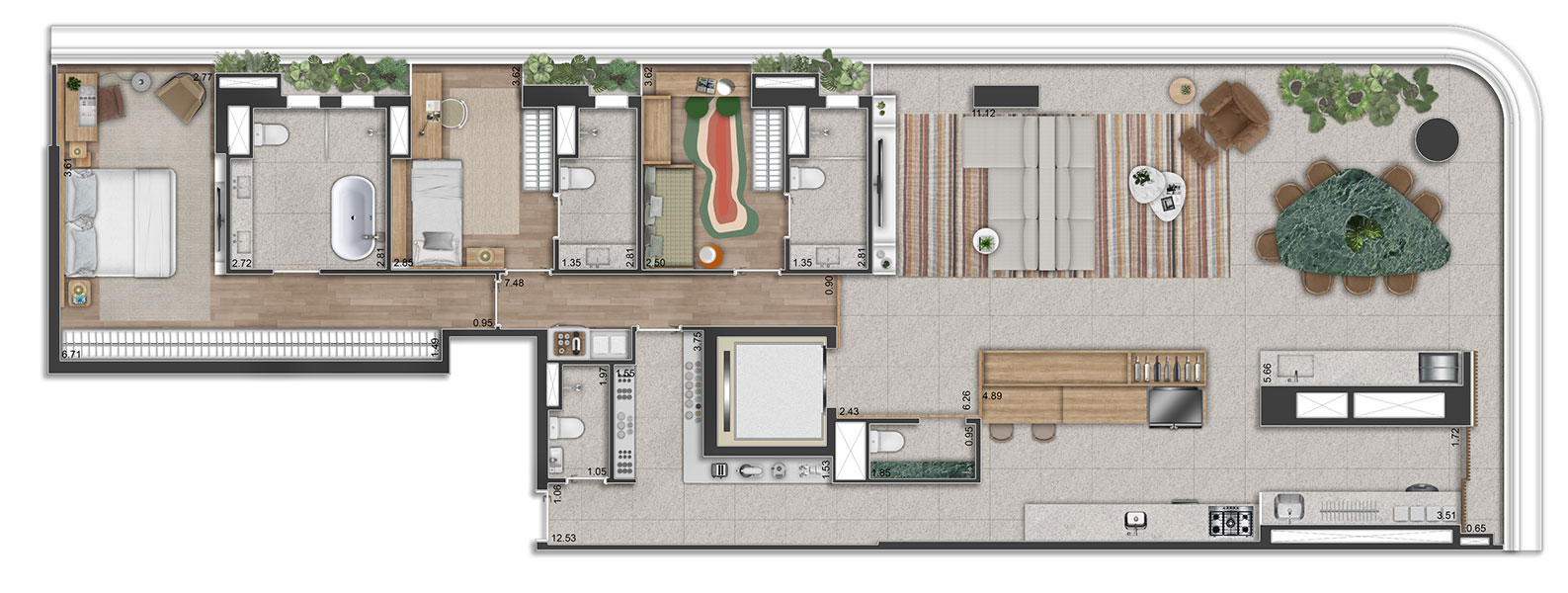 Planta Opção 1 - 3 suítes - 193m² - 3 SUÍTES, SENDO A SUÍTE MASTER COM SALA DE BANHO E SALA AMPLIADA - Península Vila Madalena