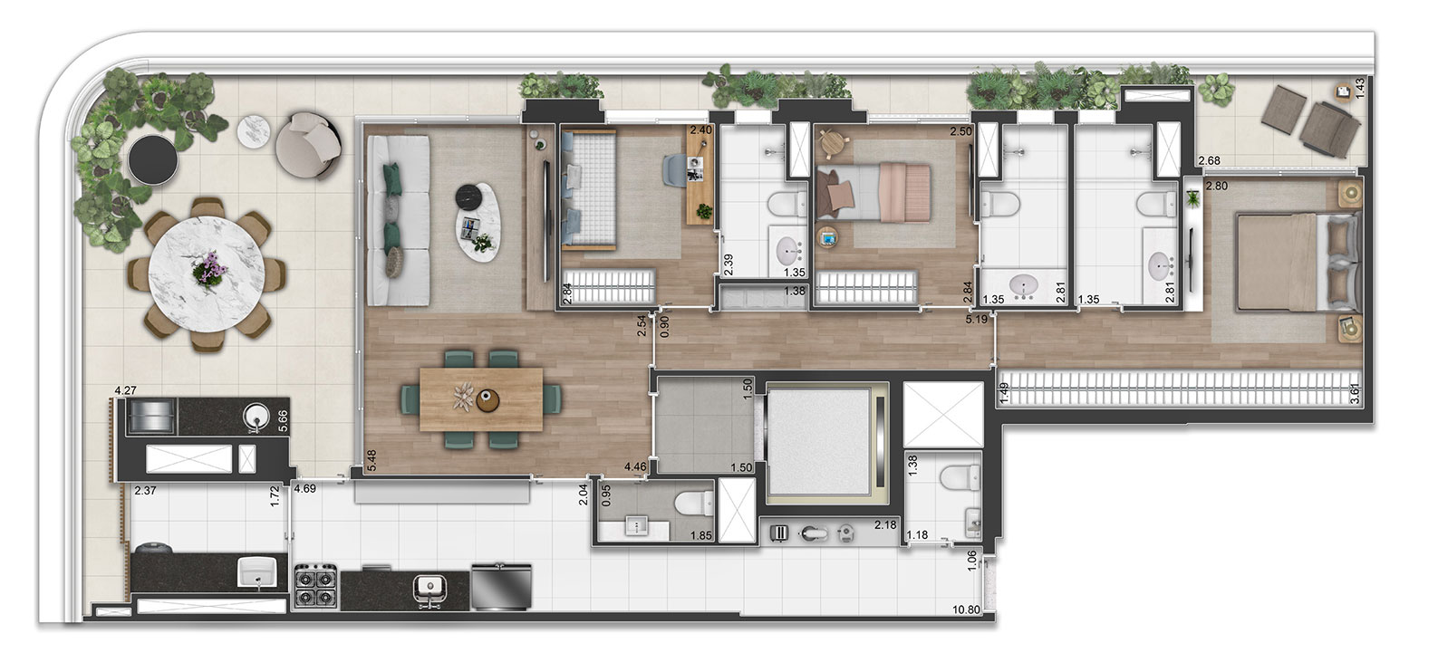 Planta Padrão - 3 suítes - 154,50m² - 3 SUÍTES COM SALA DE ESTAR E JANTAR E TERRAÇO - Península Vila Madalena