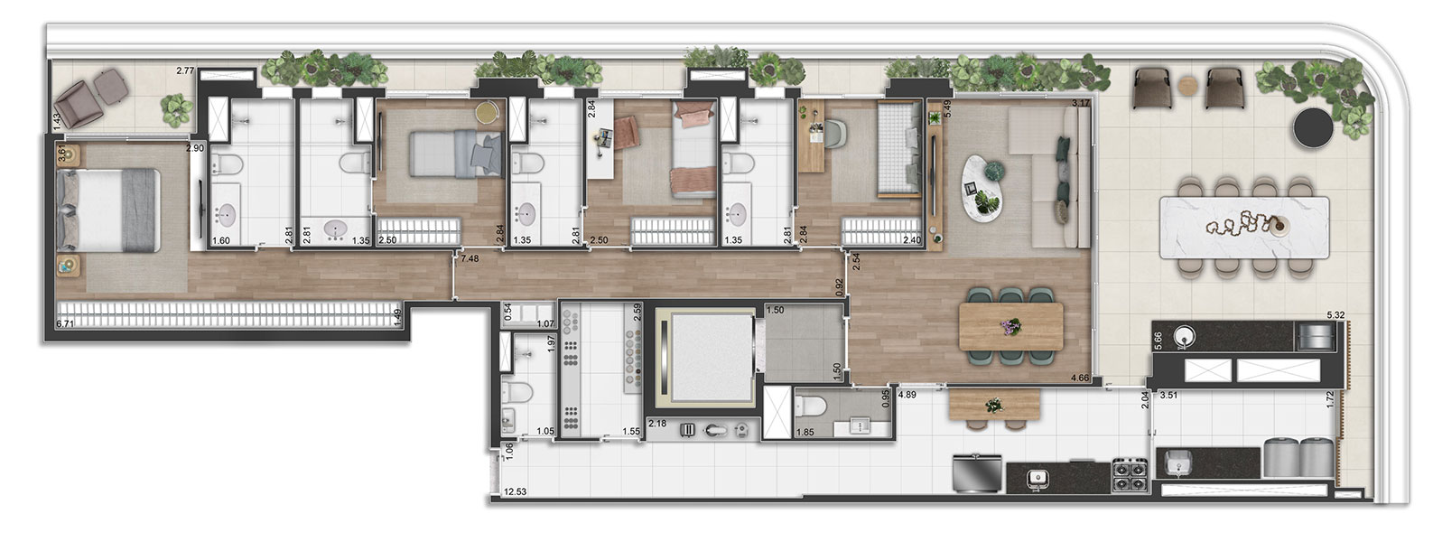 Planta Padrão - 4 suítes - 193m² - 4 SUÍTES COM SALA DE ESTAR E JANTAR E TERRAÇO - Península Vila Madalena