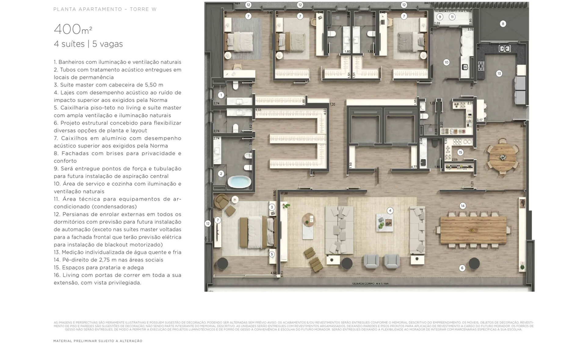 Planta do apartamento de 400 m² com living espaçoso e área íntima reservada