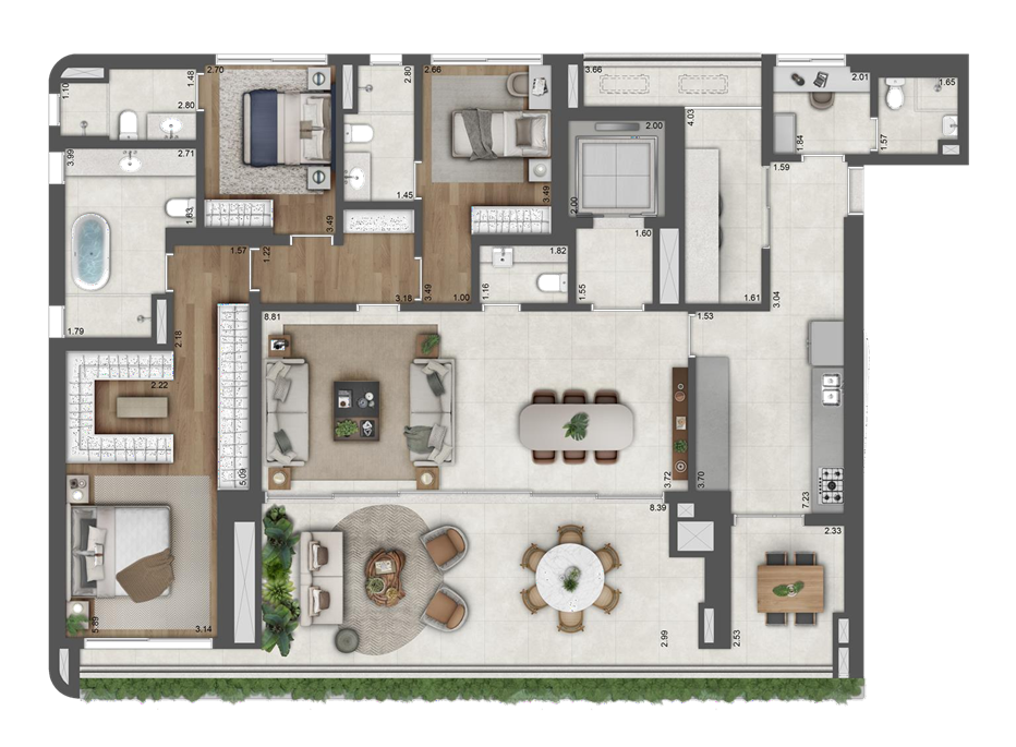 Planta tipo de um apartamento de 224,62 m² com 3 suítes na Torre 1 do São Paulo Bay Even, destacando a flexibilidade e o design otimizado para o luxo em Cidade Jardim.