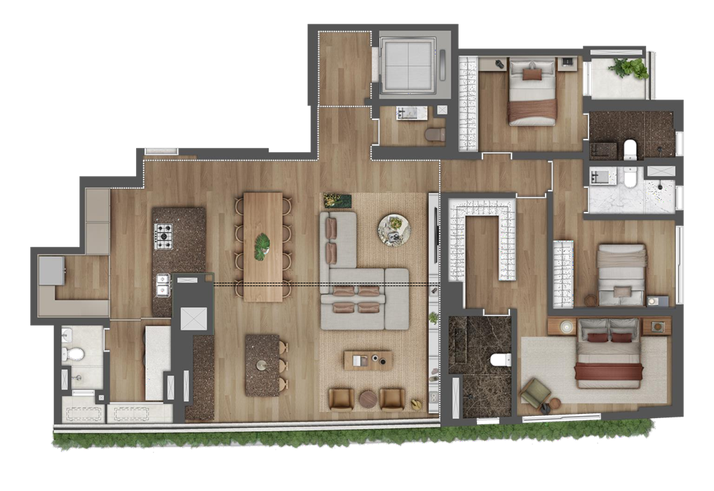 Planta baixa de apartamento decorado de 181,26 m² na Torre 2 do São Paulo Bay Even, com sugestões de layout para 3 suítes, destacando o potencial de design de interiores em Cidade Jardim.