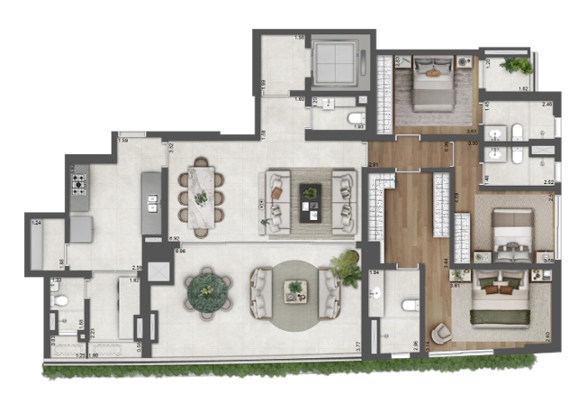 Planta tipo detalhada de um apartamento de 181m² com 3 suítes na Torre 2 do São Paulo Bay Even, mostrando a distribuição espaçosa e o potencial de personalização em Cidade Jardim.