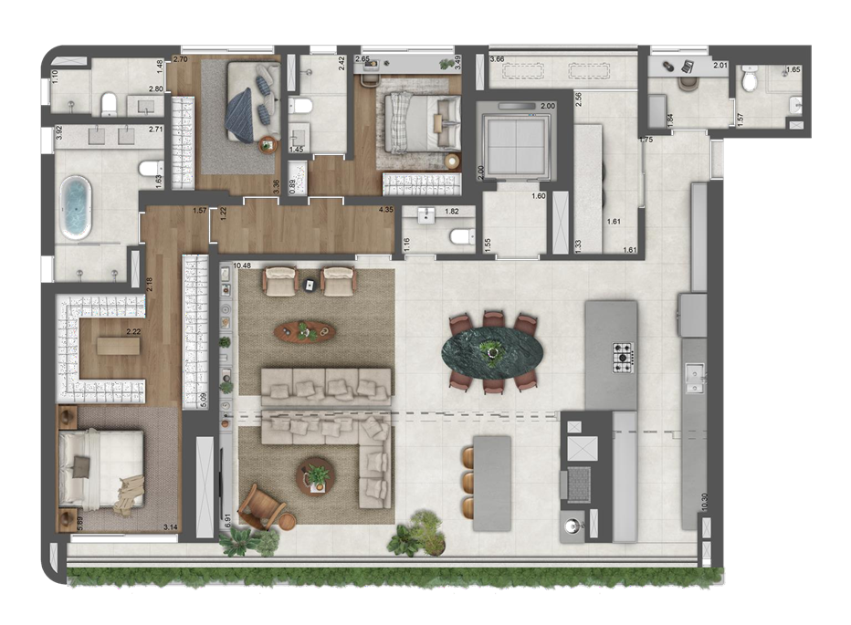 Planta baixa detalhada de um apartamento de 224,62 m² com 3 suítes na Torre 1 do São Paulo Bay Even, mostrando layout de luxo e áreas bem distribuídas.