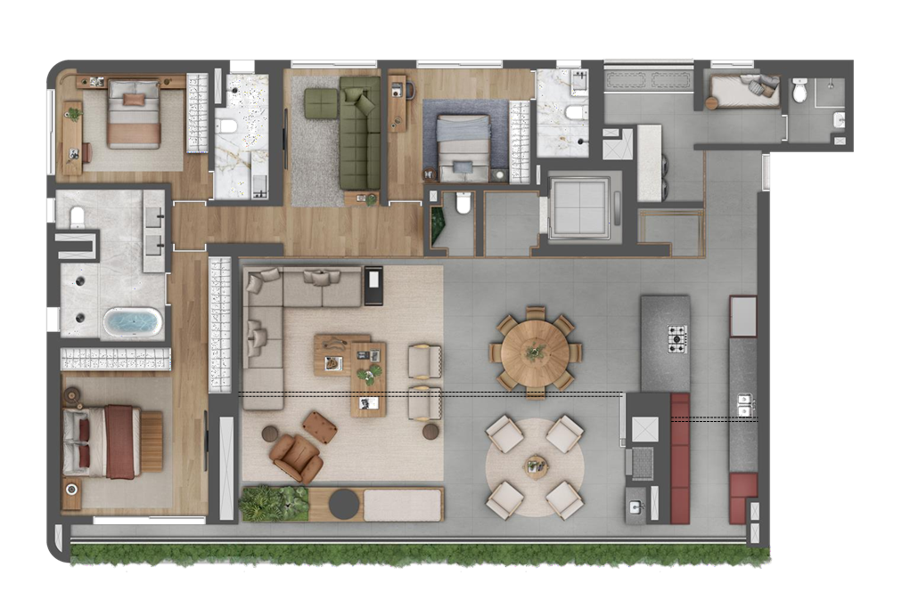 Planta baixa de apartamento decorado de 262,50 m² na Torre 3 do São Paulo Bay Even, com sugestões de layout para 3 suítes, evidenciando o luxo e a amplitude em Cidade Jardim.