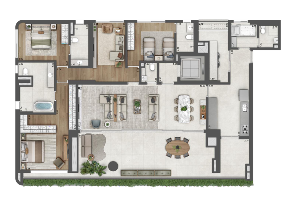 Planta tipo detalhada de um apartamento de 262,50 m² com 3 suítes na Torre 3 do São Paulo Bay Even, mostrando a distribuição espaçosa e o potencial de personalização em Cidade Jardim.