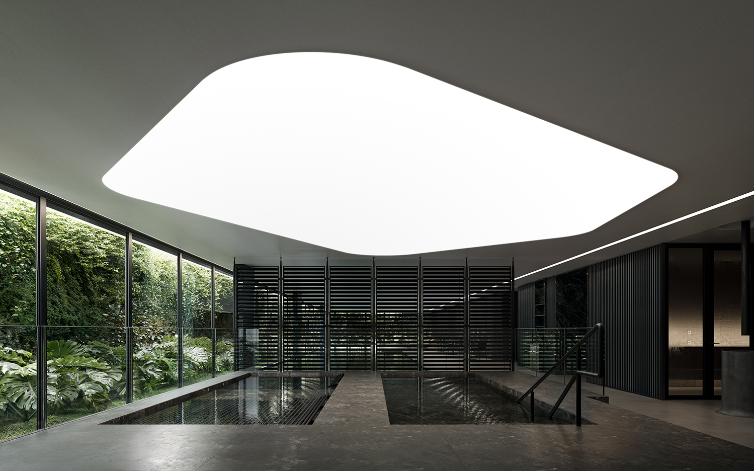Piscina interna com iluminação orgânica e jardim vertical no Enora Residence