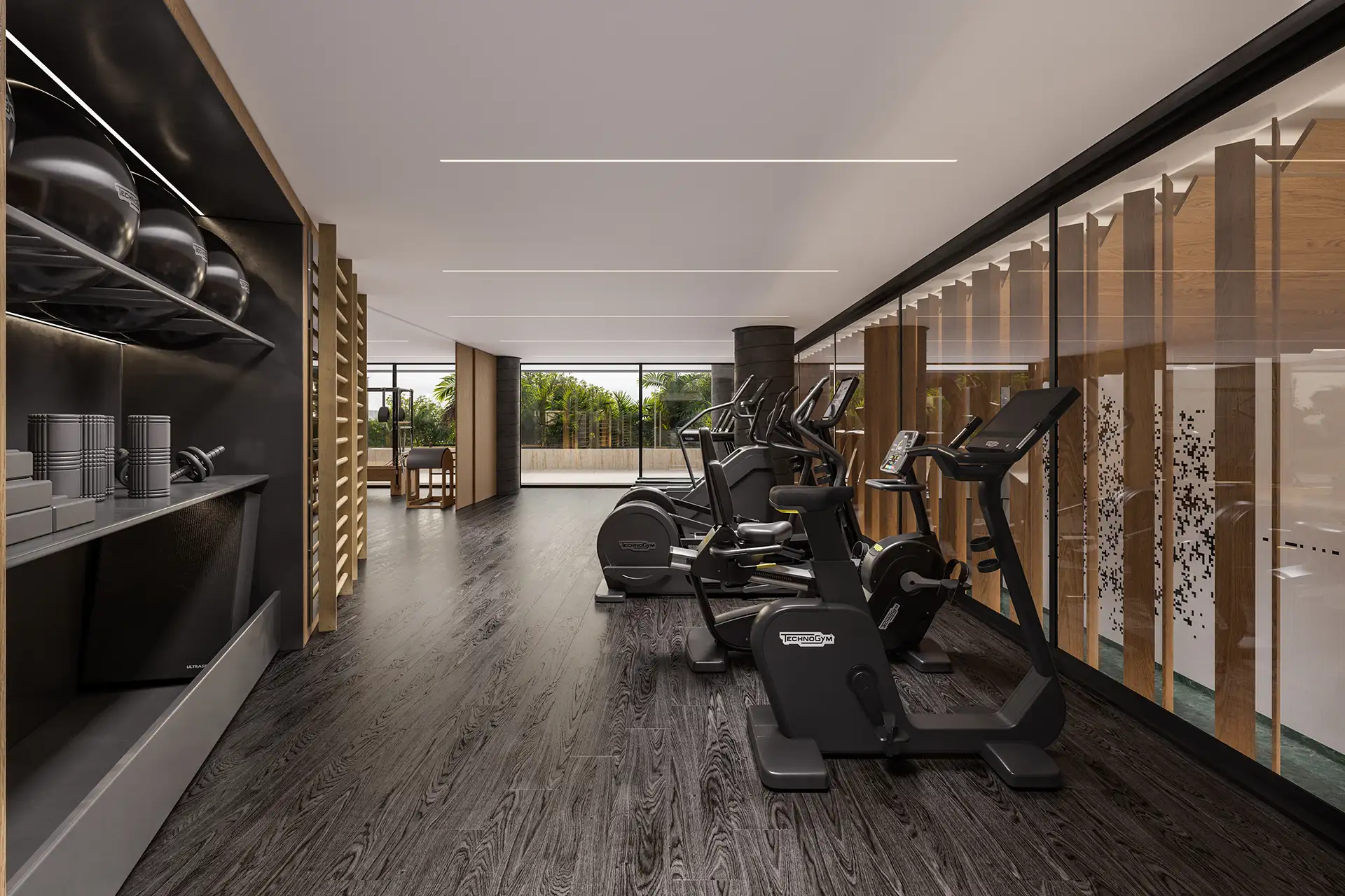 LUX 600 — academia com área de cardio e esteiras voltadas para o jardim — curadoria iApartamentos — Vila Nova Conceição