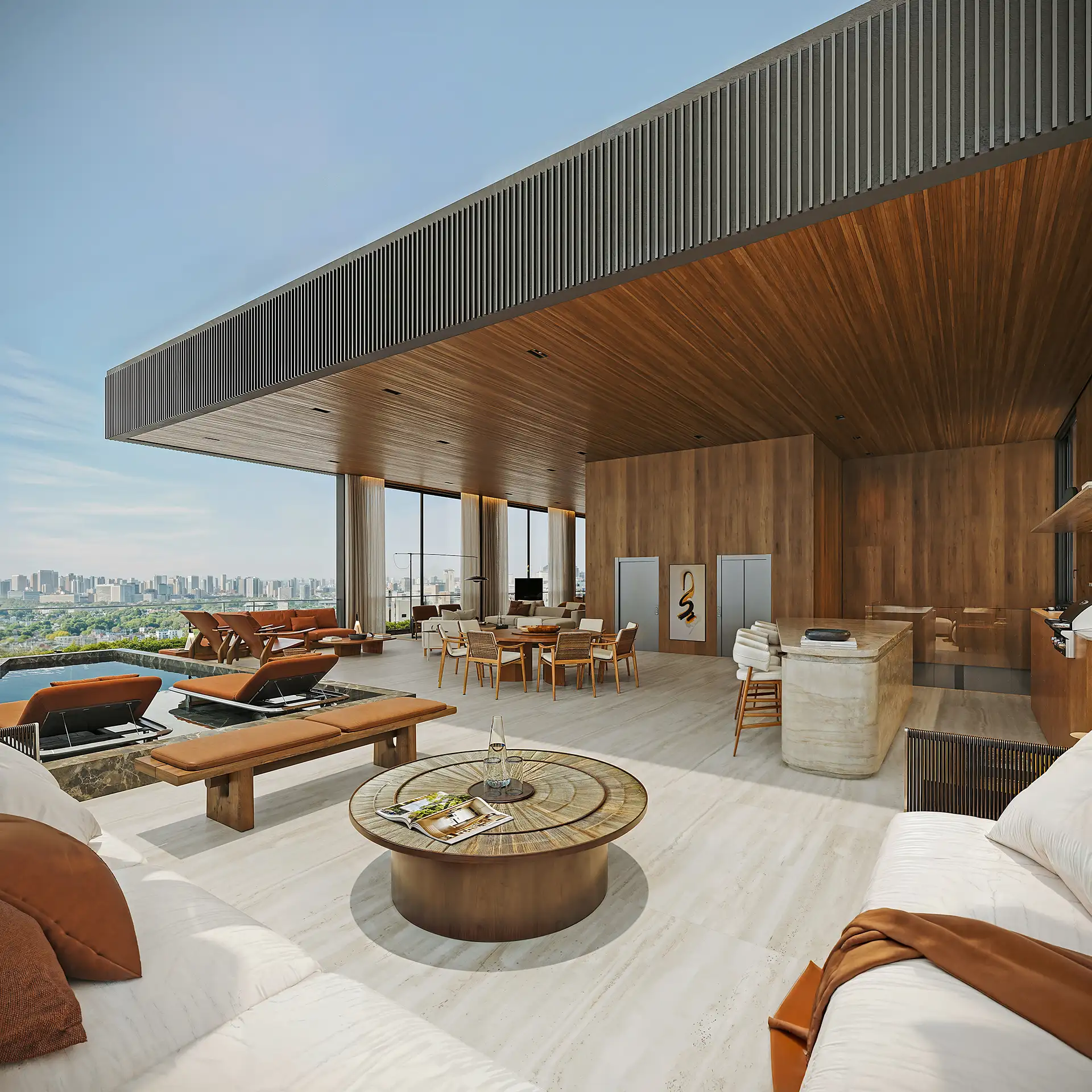 LUX 600 — terraço do duplex com piscina, living e jantar integrados — curadoria iApartamentos — Vila Nova Conceição