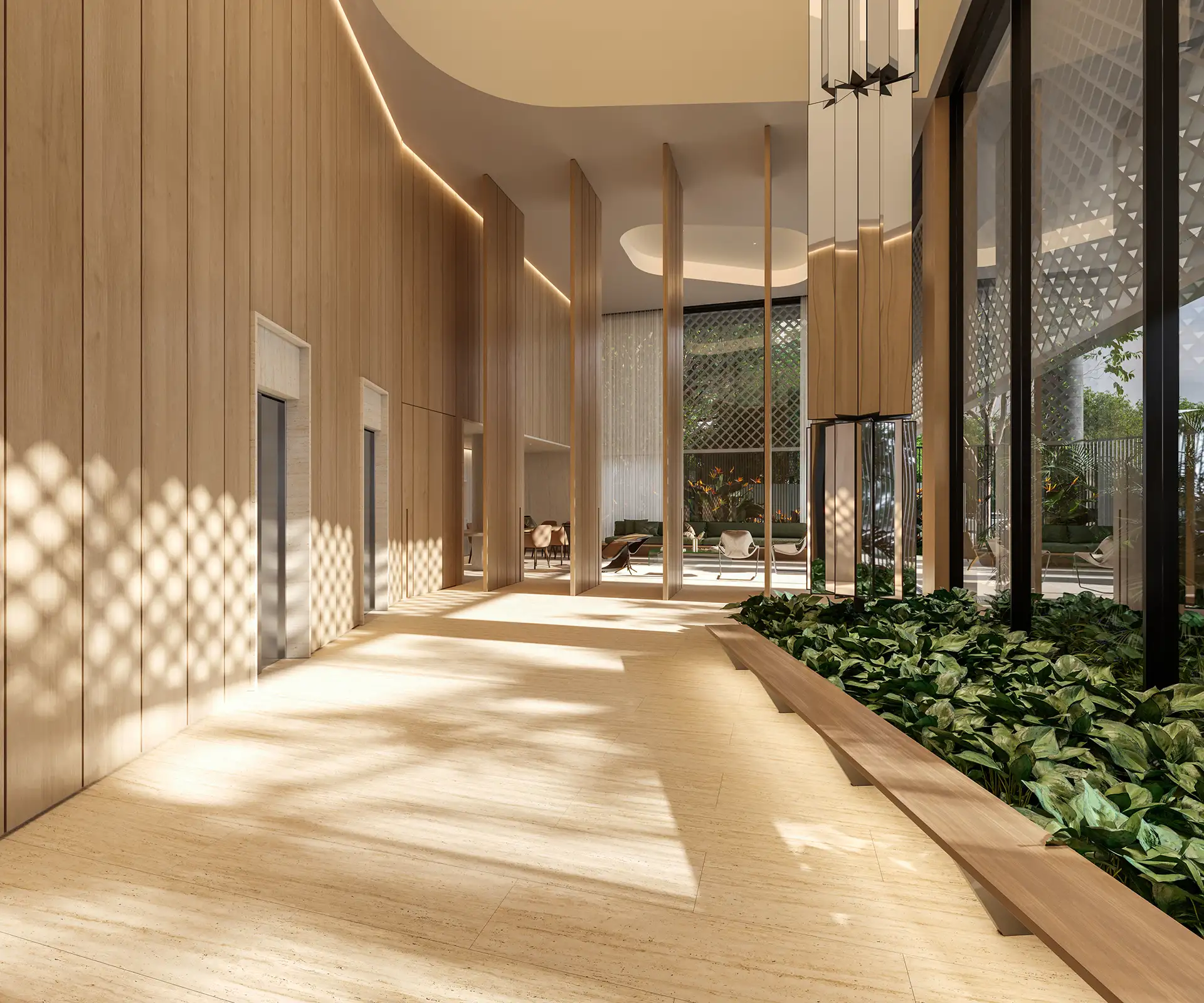 LUX 600 — hall de entrada com pé-direito duplo, revestimento em madeira e jardim interno — curadoria iApartamentos — Vila Nova Conceição
