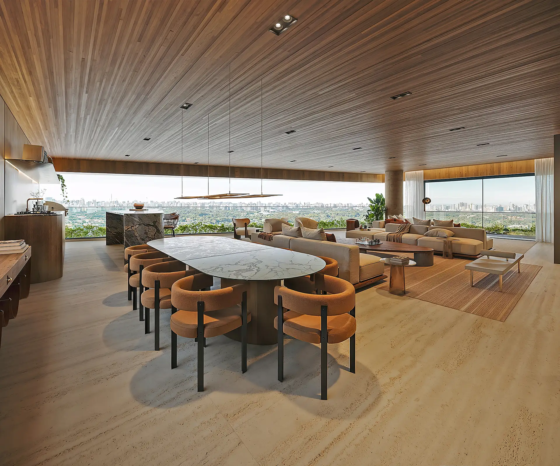 LUX 600 — living integrado com cozinha e vista panorâmica de São Paulo — curadoria iApartamentos — Vila Nova Conceição