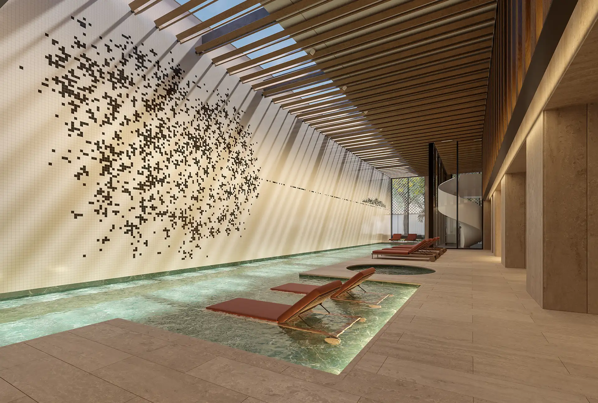 LUX 600 — piscina coberta aquecida com espreguiçadeiras e painel artístico — curadoria iApartamentos — Vila Nova Conceição
