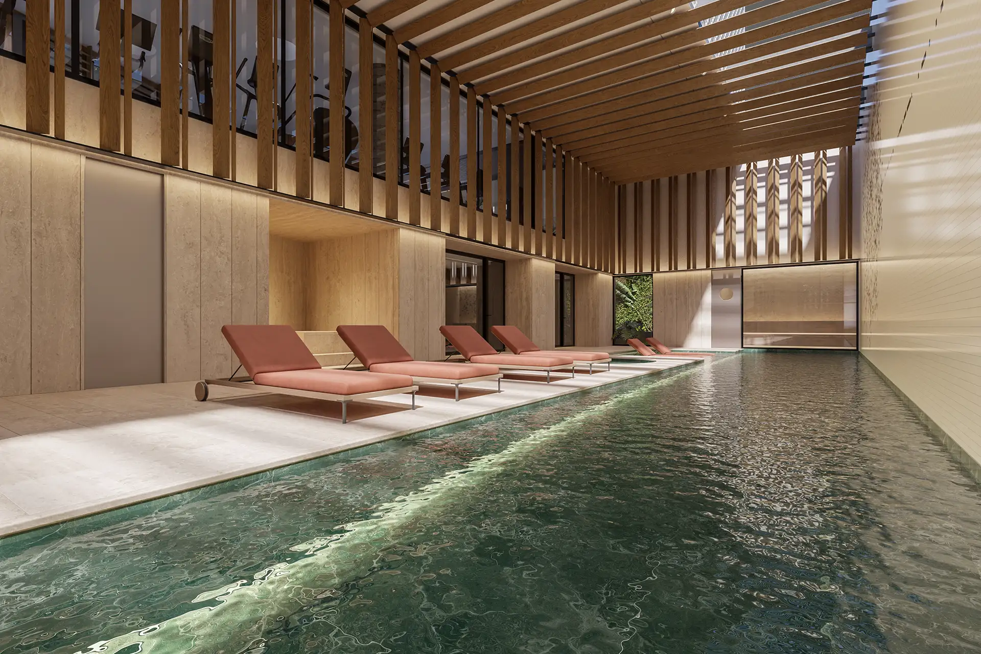 LUX 600 — piscina coberta com raia e espreguiçadeiras sob ripado de madeira — curadoria iApartamentos — Vila Nova Conceição