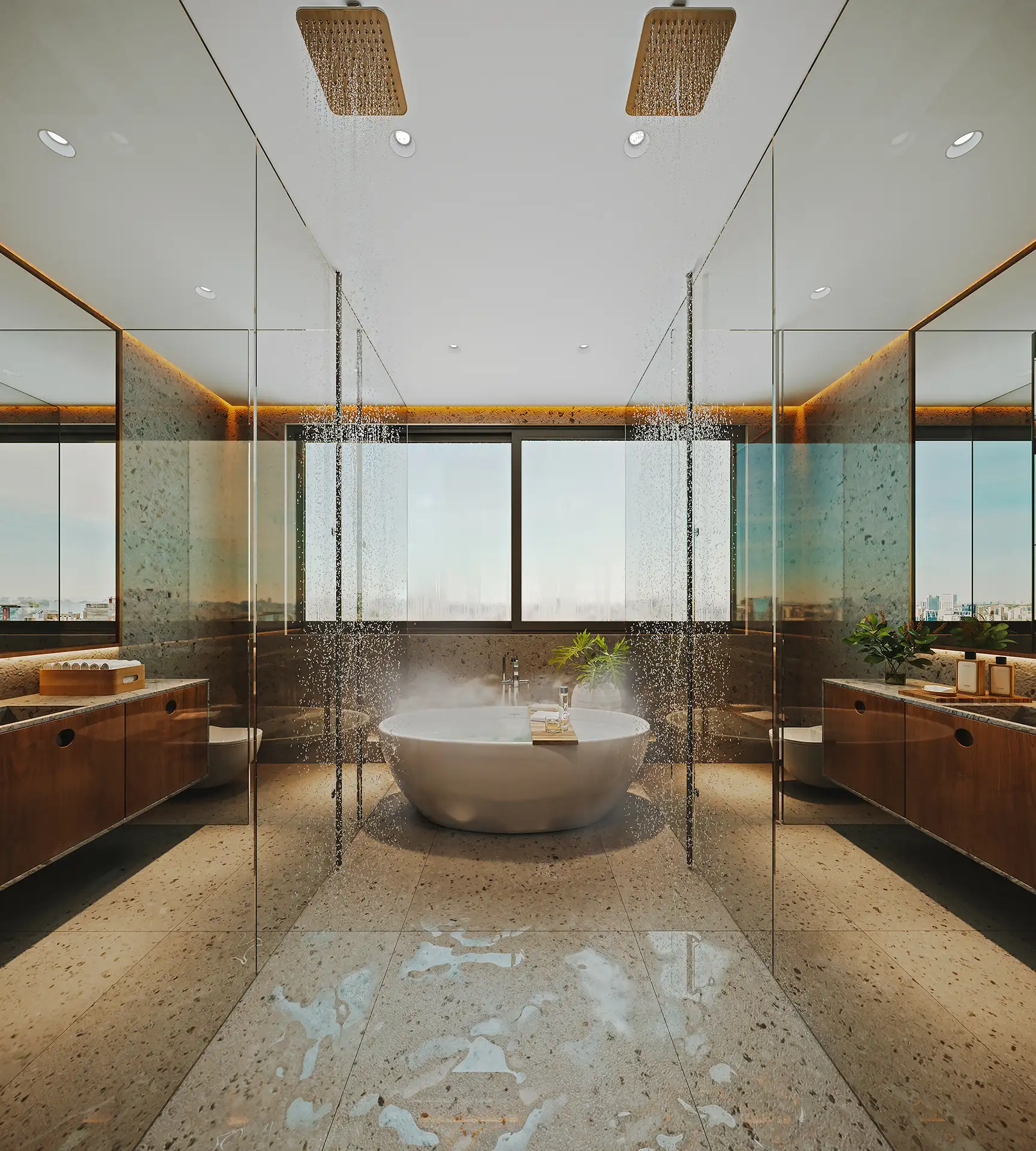 LUX 600 — banheiro da suíte master com banheira central e duchas de teto — curadoria iApartamentos — Vila Nova Conceição