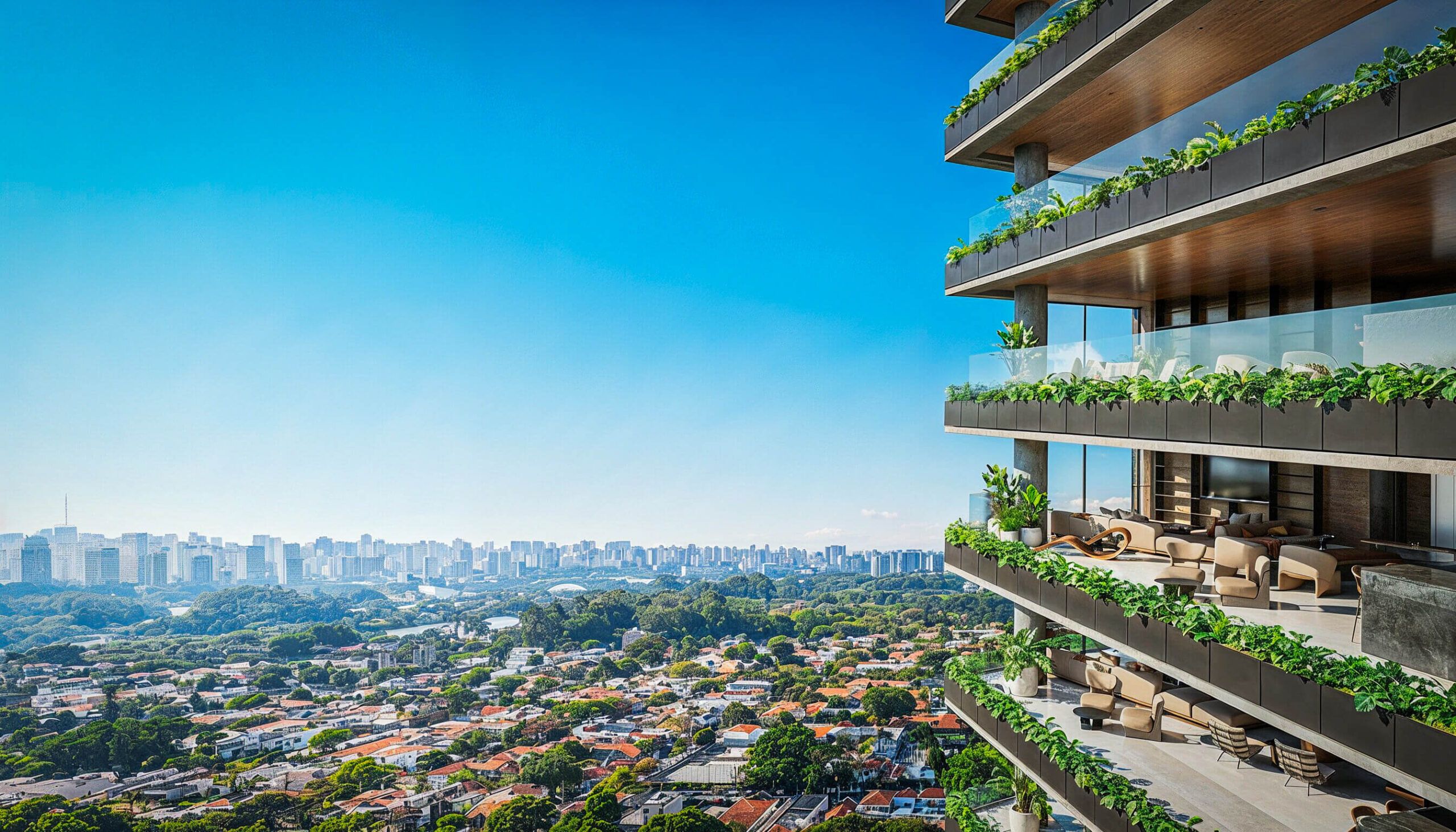 LUX 600 — terraço das suítes com vista aberta para o Parque Ibirapuera e o skyline de São Paulo — curadoria iApartamentos — Vila Nova Conceição