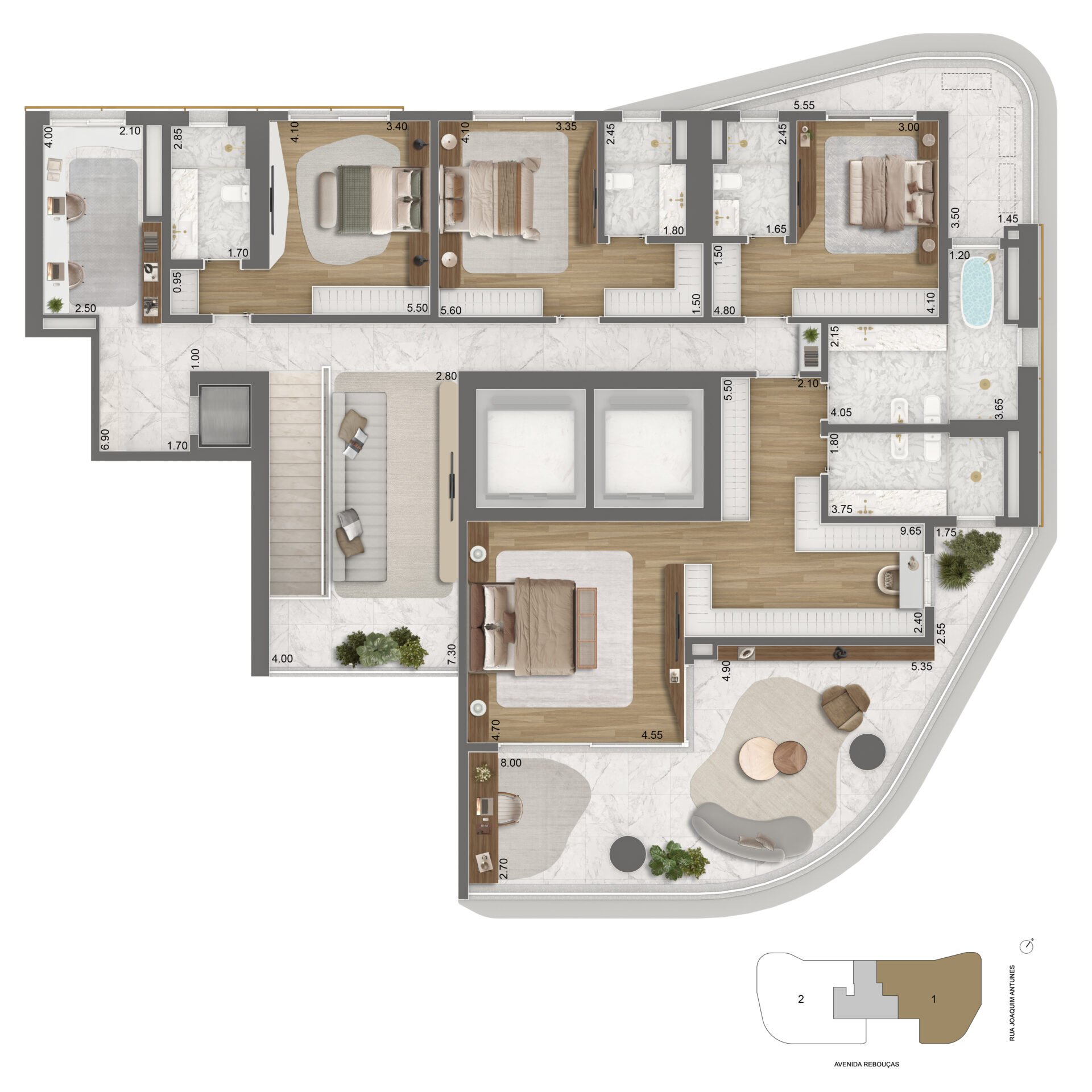 Planta Casa Piso superior do duplex 576m² no EPIC Jardim Europa com 4 suítes, suíte máster com closet, banhos independentes e terraço íntimo