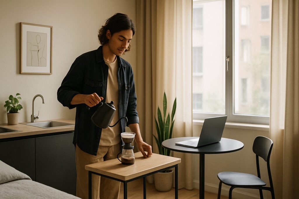 Jovem Preparando Café Em Studio Moderno Com Mesa De Trabalho E Luz Natural.