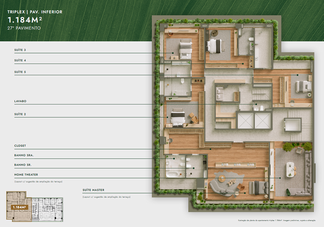 Vista Parque Ibirapuera - Planta Triplex de 1.184m² (Piso Inferior) 