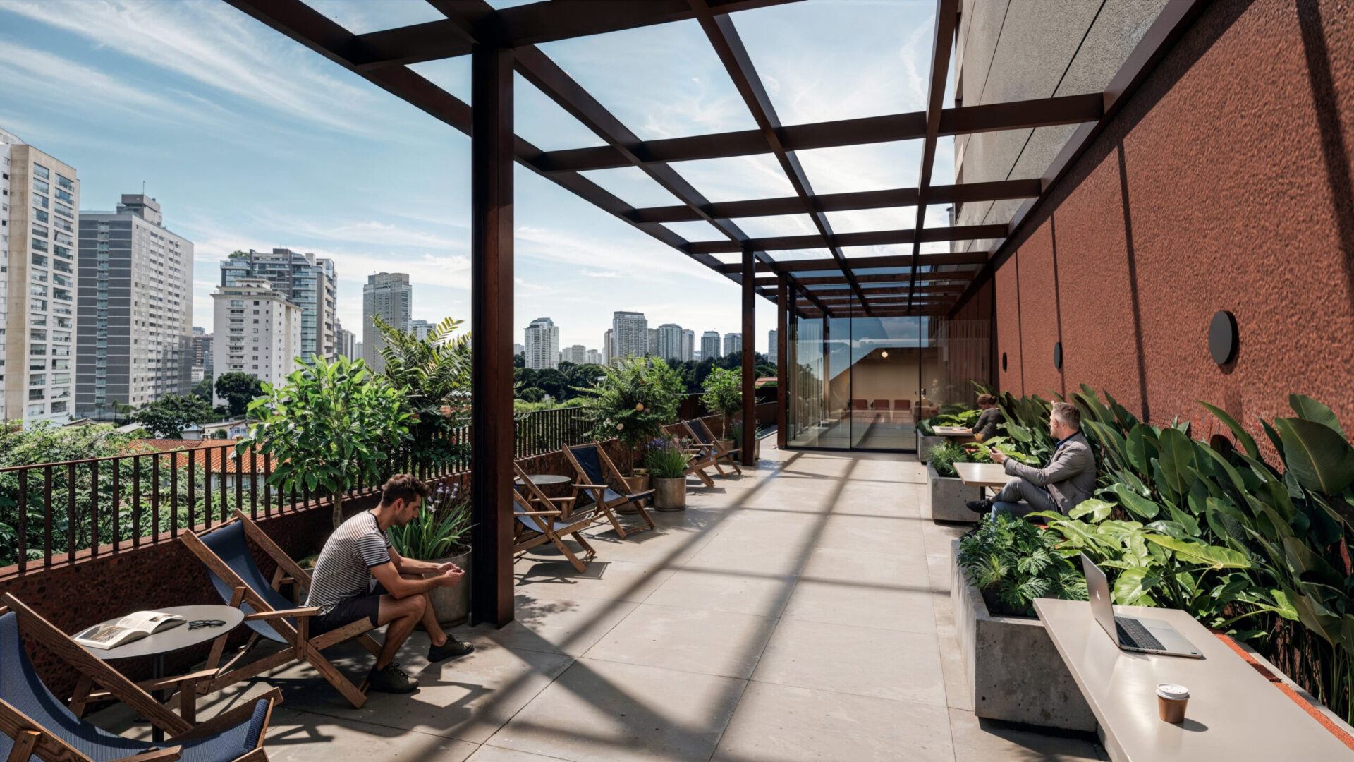 Lounge com cobertura, mesas e vista urbana no Praça Japi