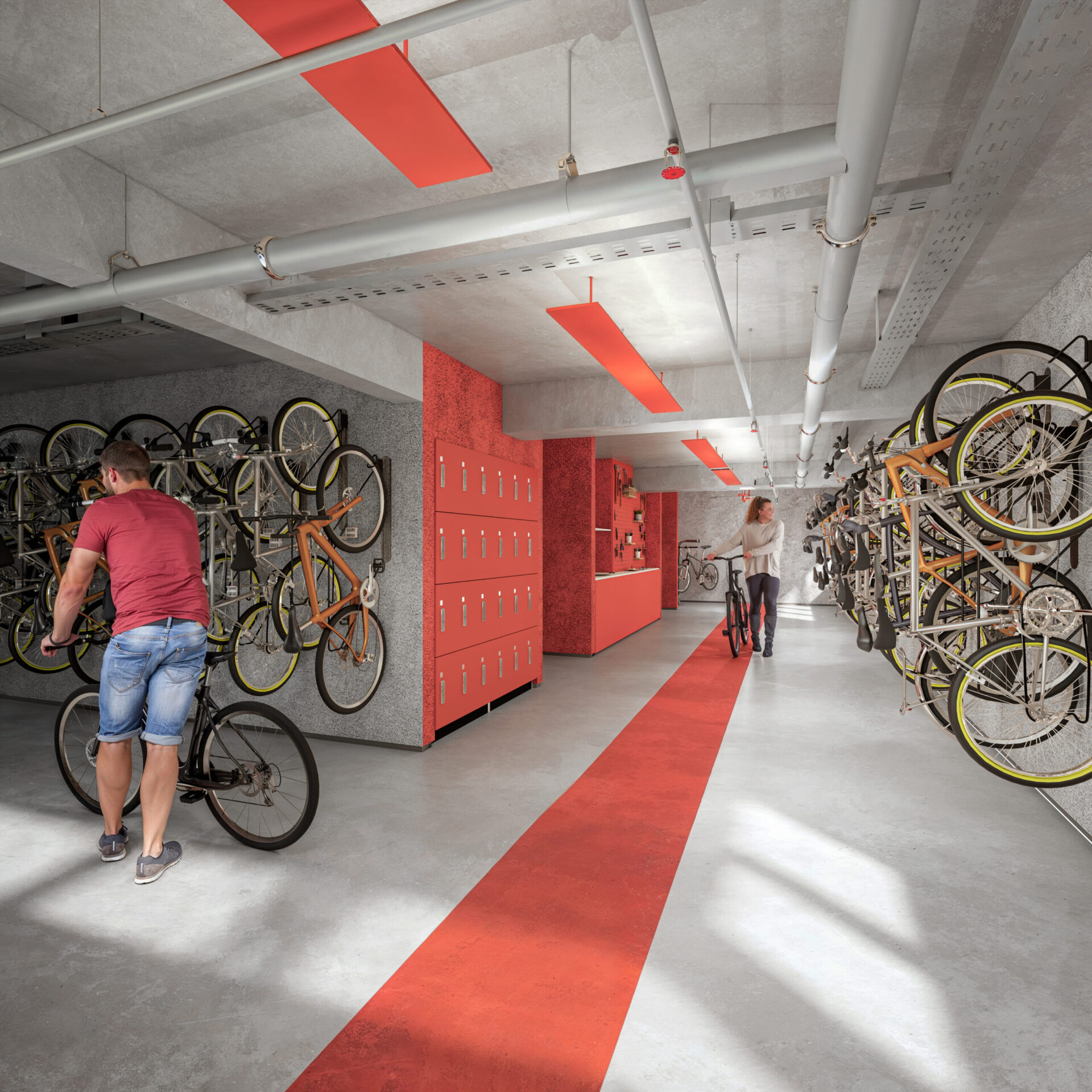 Bicicletário do Praça Japi com espaço para bikes, armários e iluminação moderna