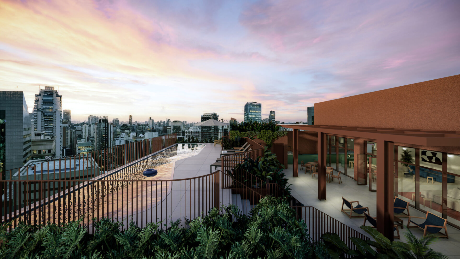 Lounge gourmet do Praça Japi com vista para a cidade e área de convivência