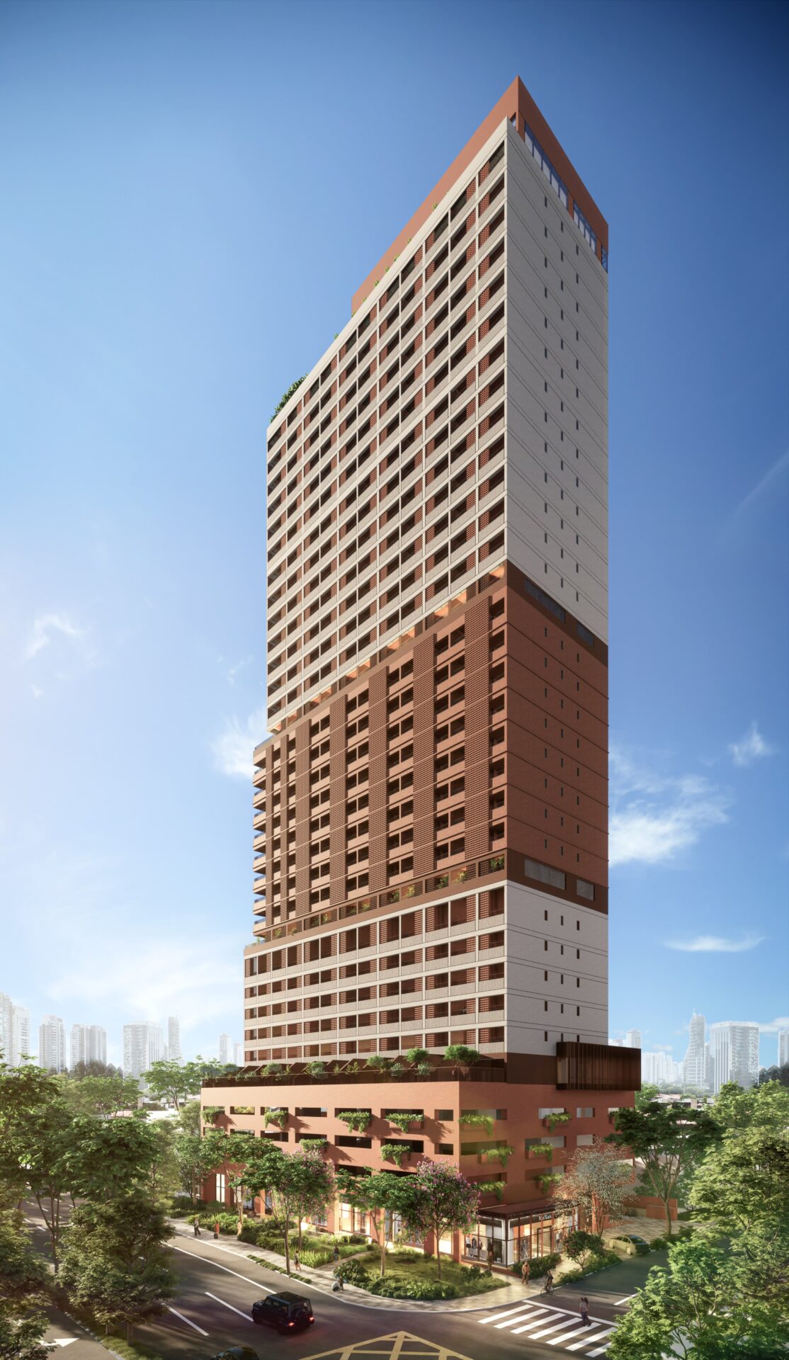 Fachada diurna do empreendimento Praça Japi no Tatuapé com design contemporâneo da Porte Engenharia
