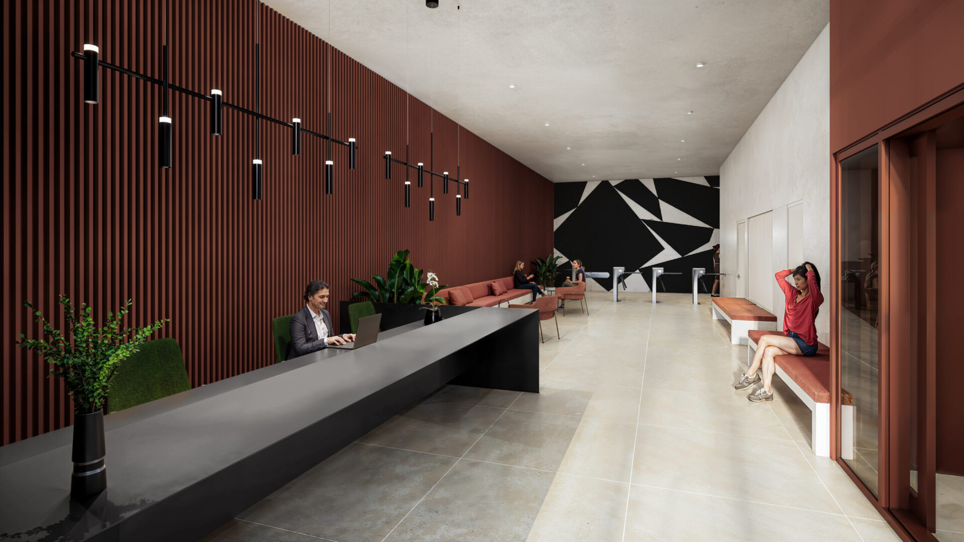 Lobby com recepção elegante e ambientes de espera no Praça Japi da Porte