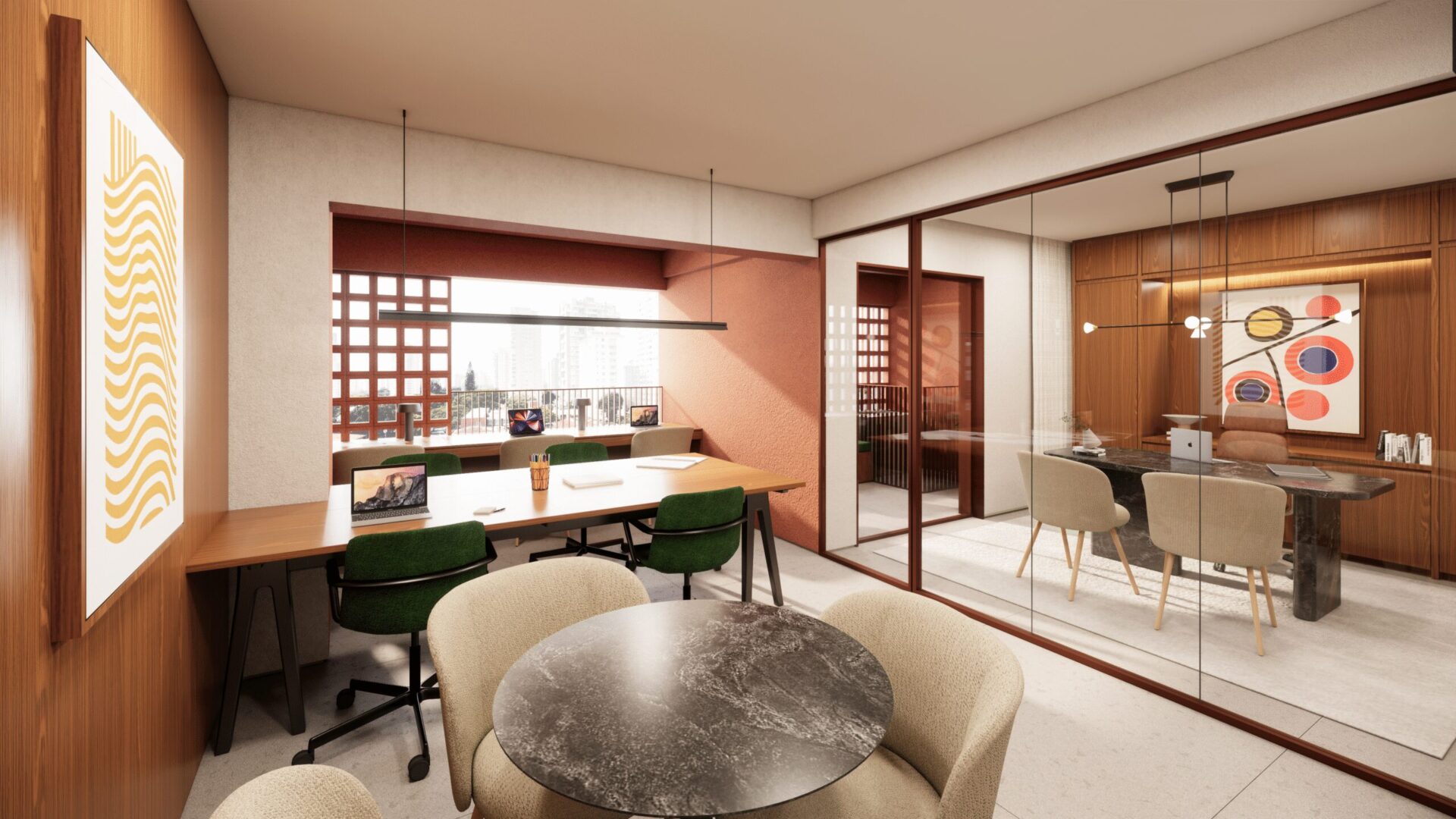 Escritório com ambiente de coworking e sala de reunião envidraçada no Praça Japi