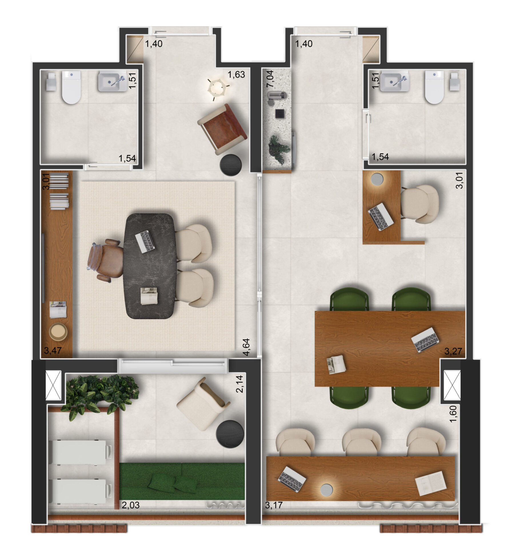 Layout de 52 metros quadrados com dois ambientes integrados no Praça Japi