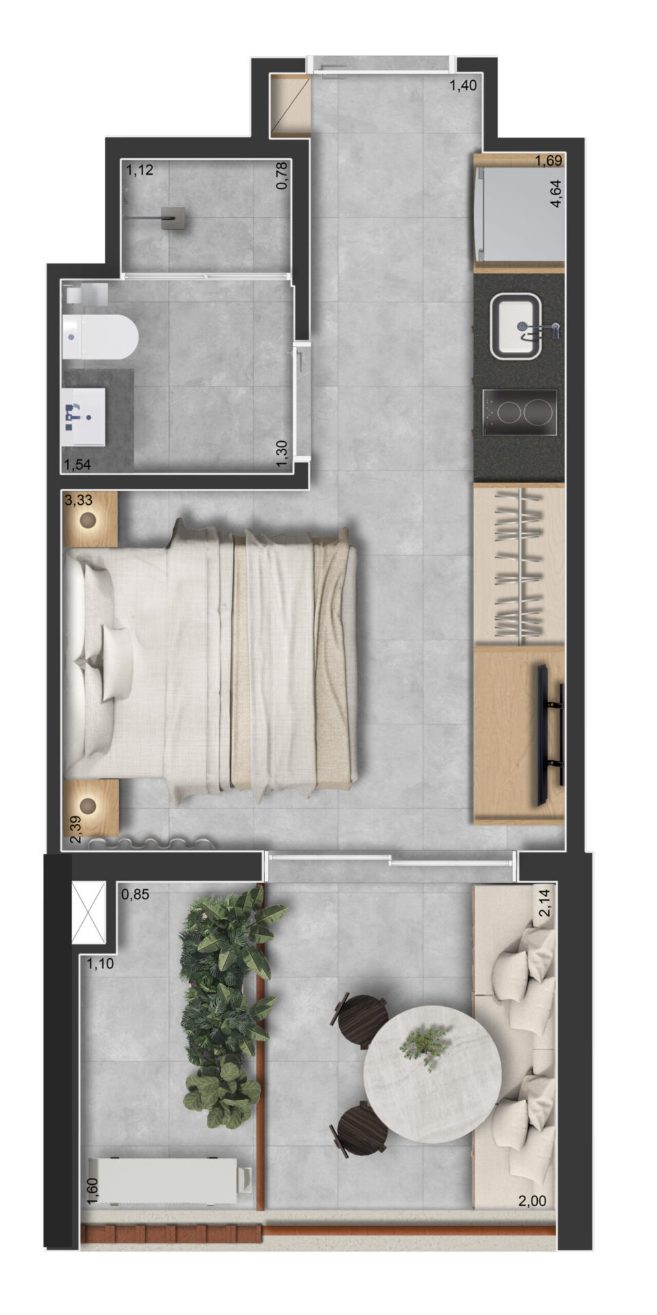 Planta residencial de 26 metros quadrados com varanda privativa