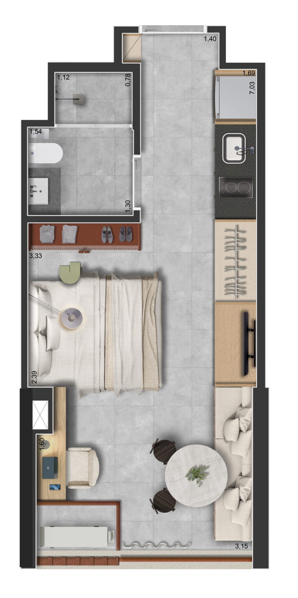 Layout compacto de studio com dormitório, cozinha e varanda no Praça Japi