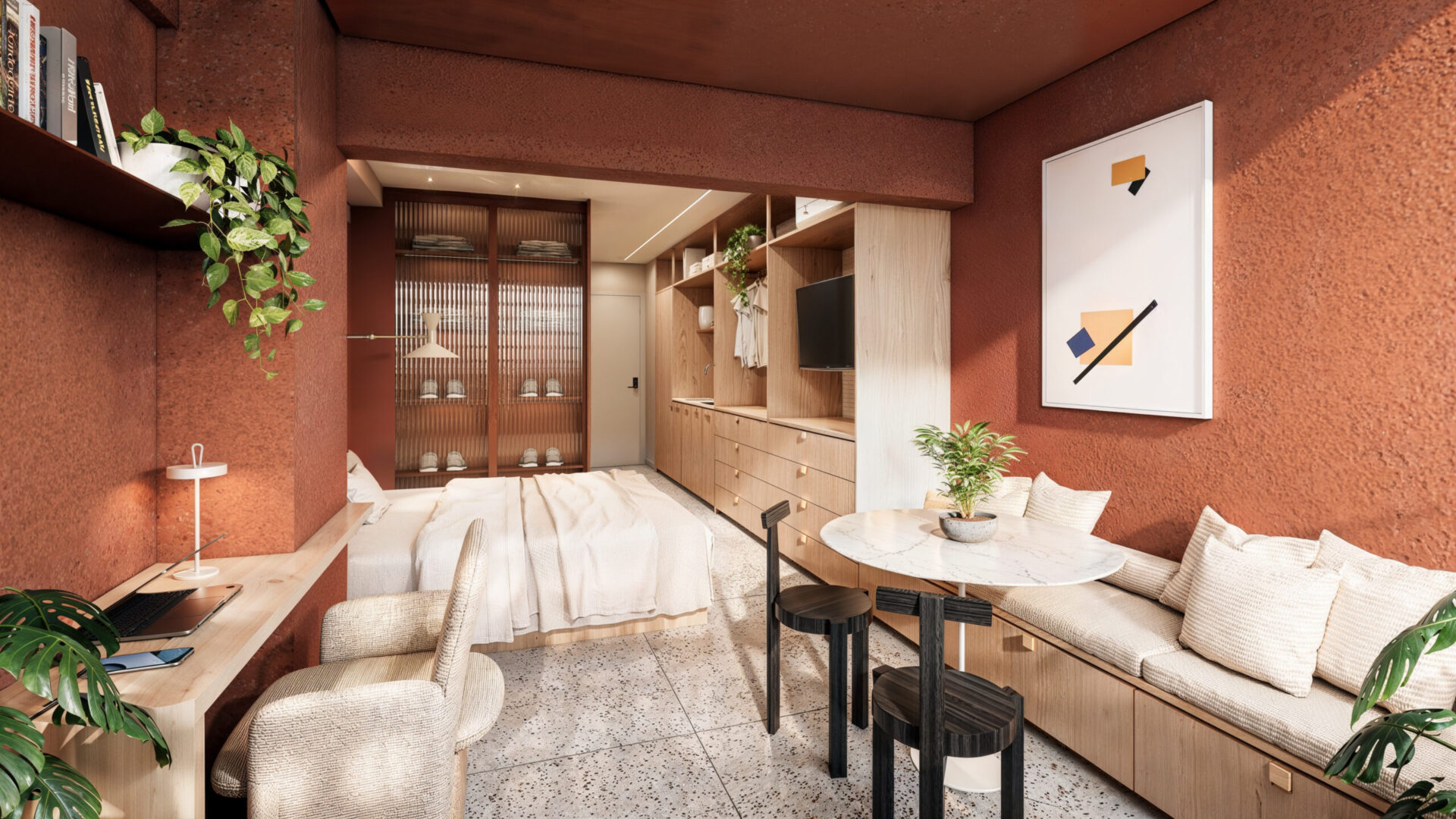 Studio compacto com dormitório integrado e mobiliário funcional no Praça Japi