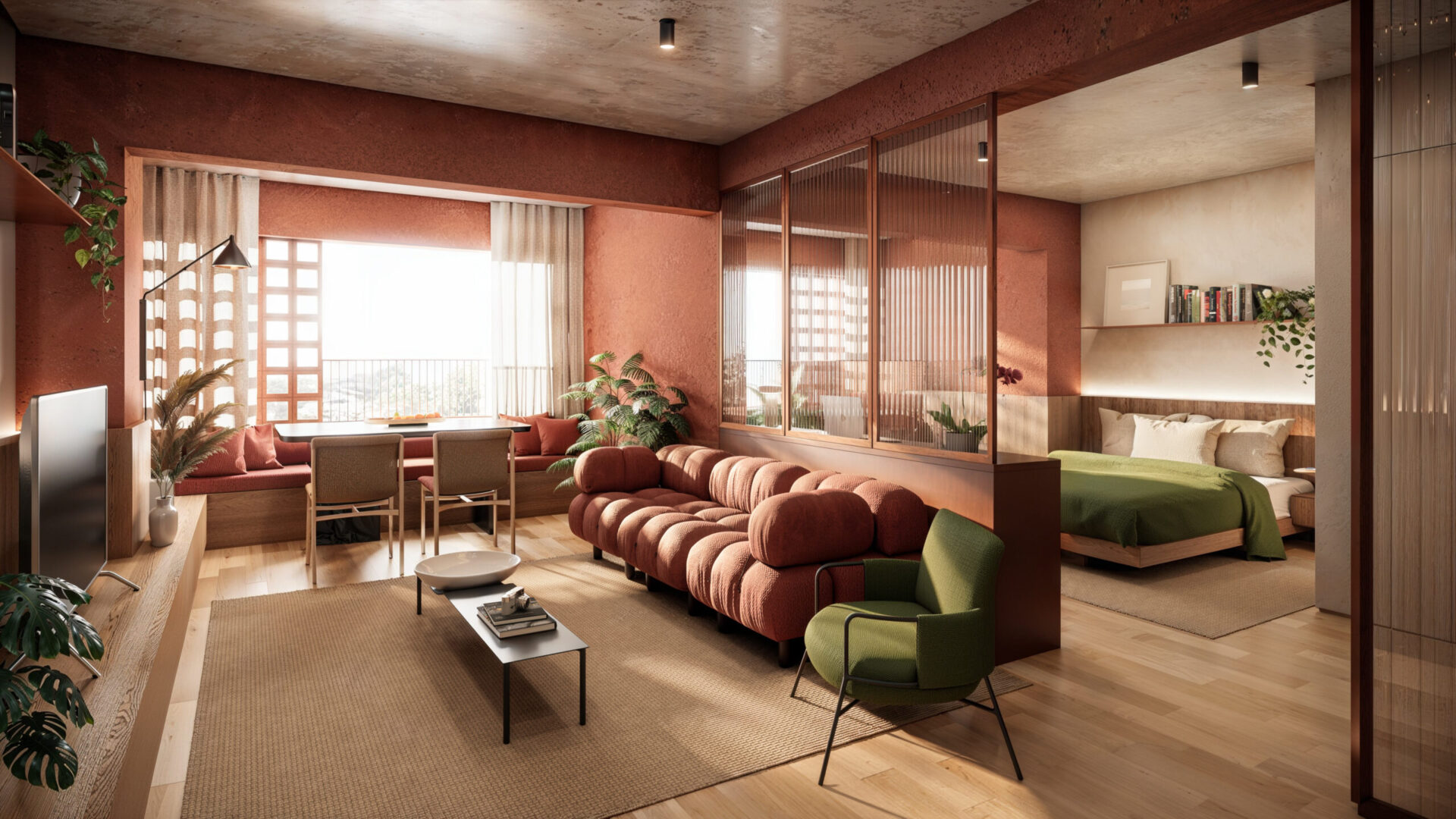 Studio de 52 metros quadrados com sala espaçosa, quarto e janelas amplas no Praça Japi