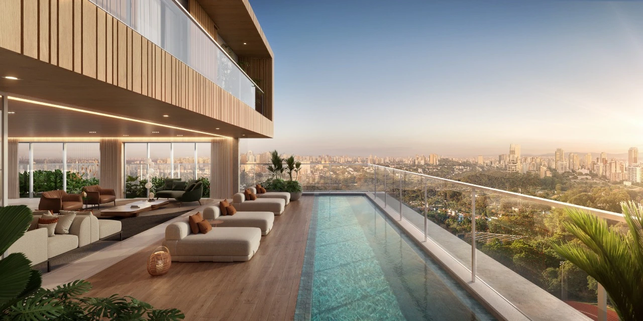 Imagem Aérea Da Casa Suspensa No Gran Oscar Ibirapuera, Com Floreiras Suspensas, Piscina Privativa E Vista Para O Skyline Do Parque Ibirapuera