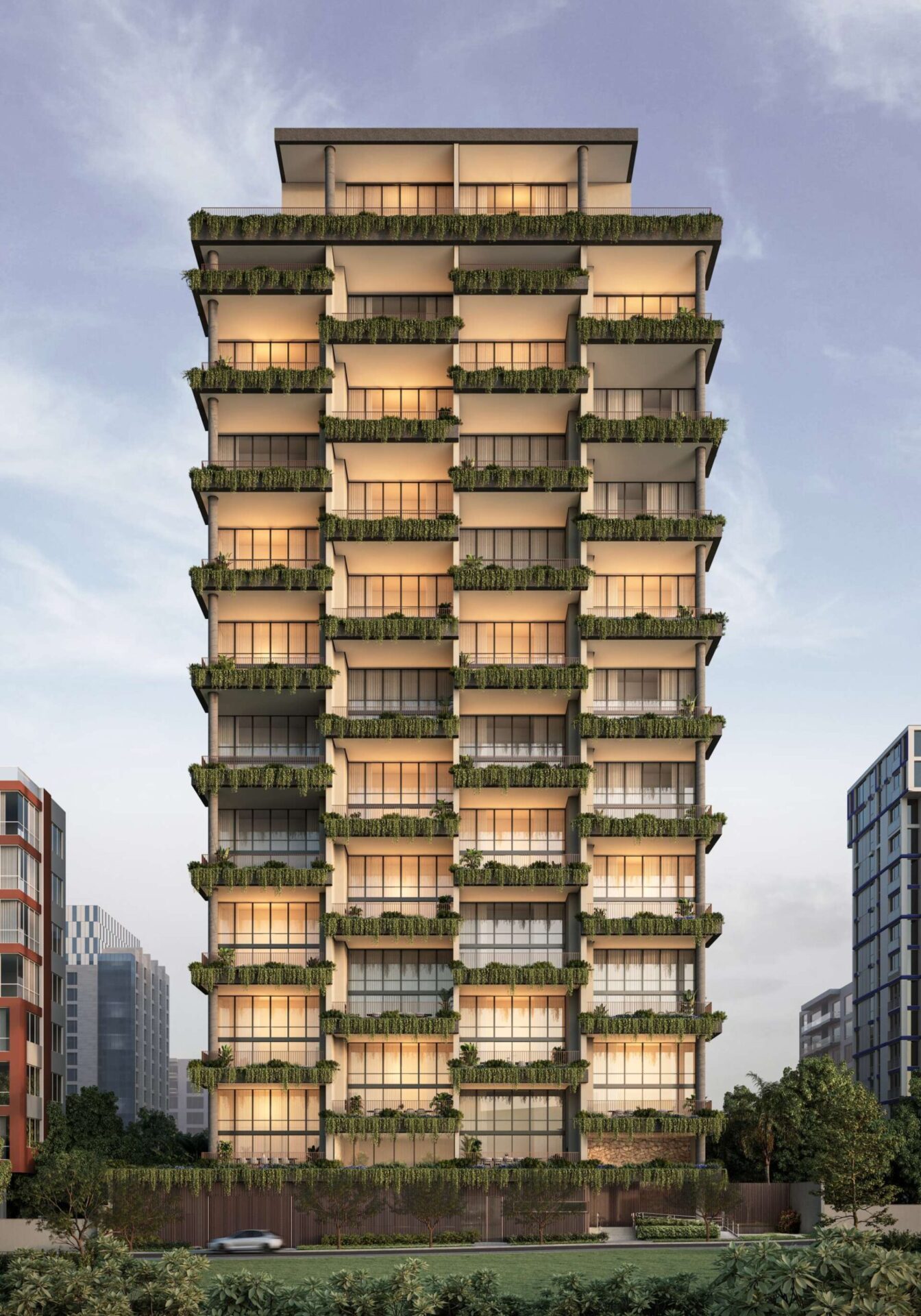 Fachada do NUV Moema da Planik com torre única, arquitetura moderna e vegetação integrada