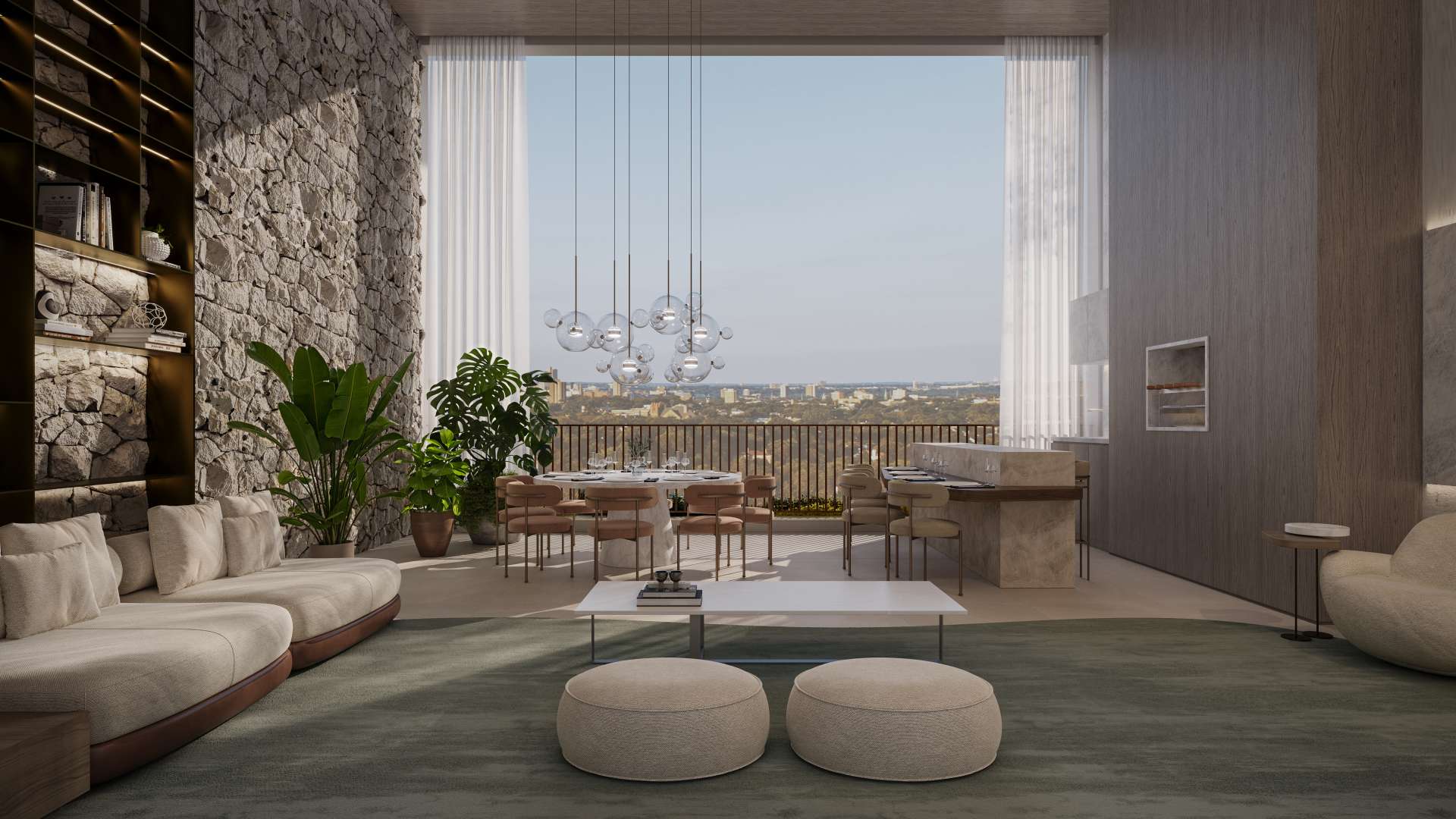 Living com pé-direito duplo no NUV Moema da Planik, com integração entre estar, jantar e terraço