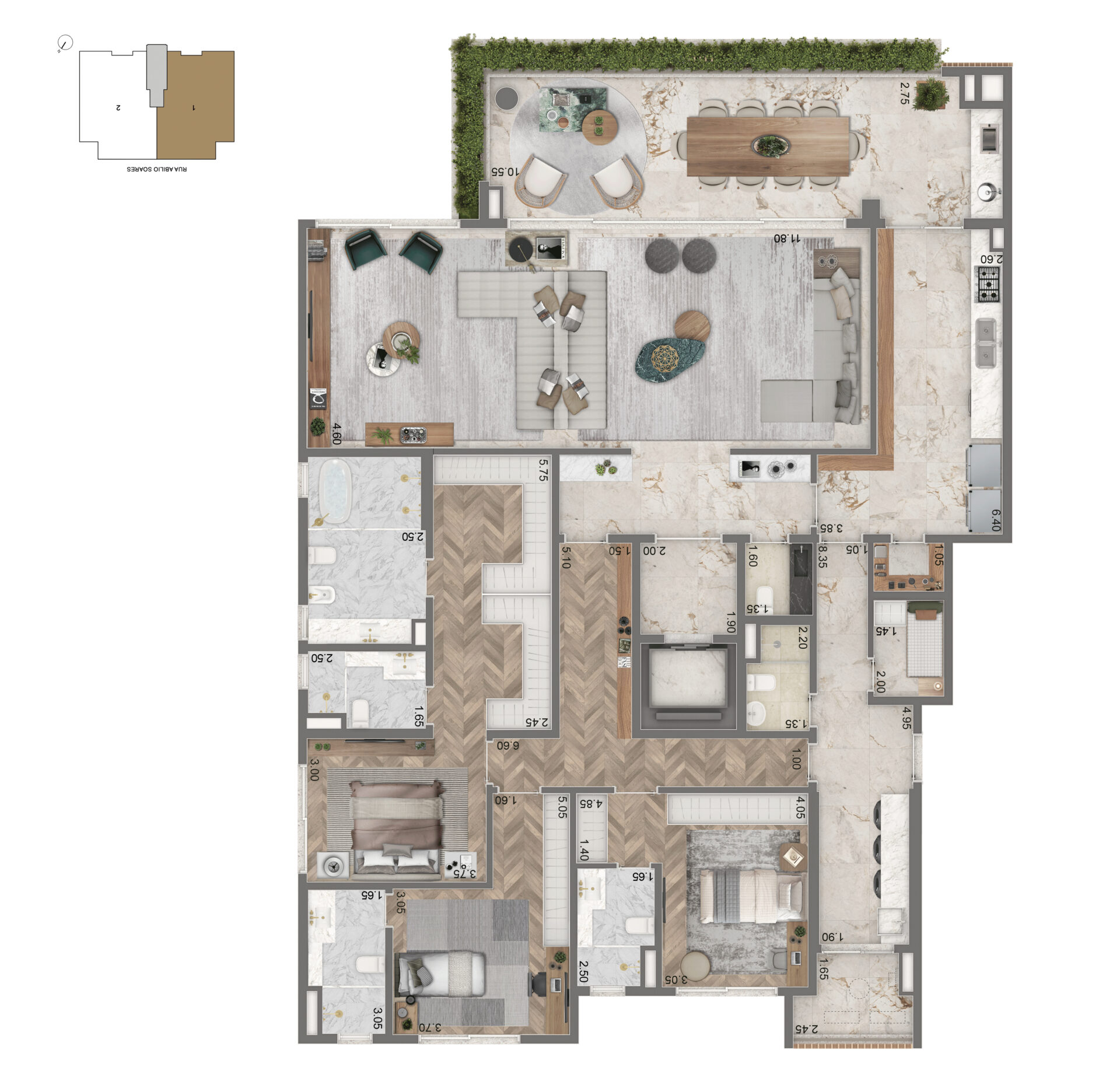 Planta de 272m² com 3 suítes e sala ampliada no lançamento PORTRAIT Parque do Ibirapuera