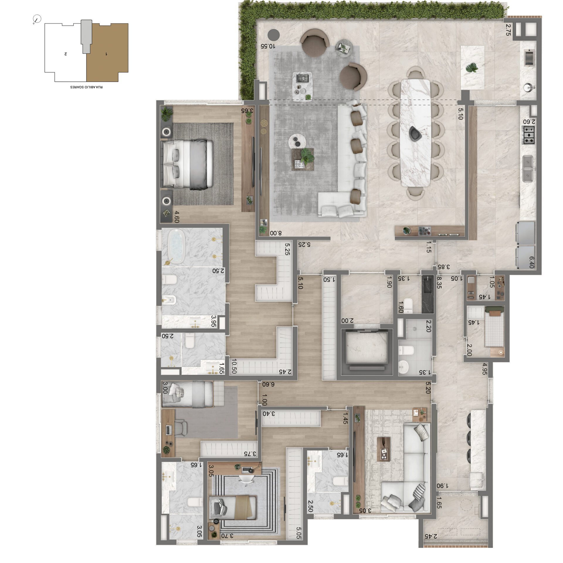 Planta de 272m² da Torre 2 com 3 suítes e sala íntima no PORTRAIT Parque do Ibirapuera
