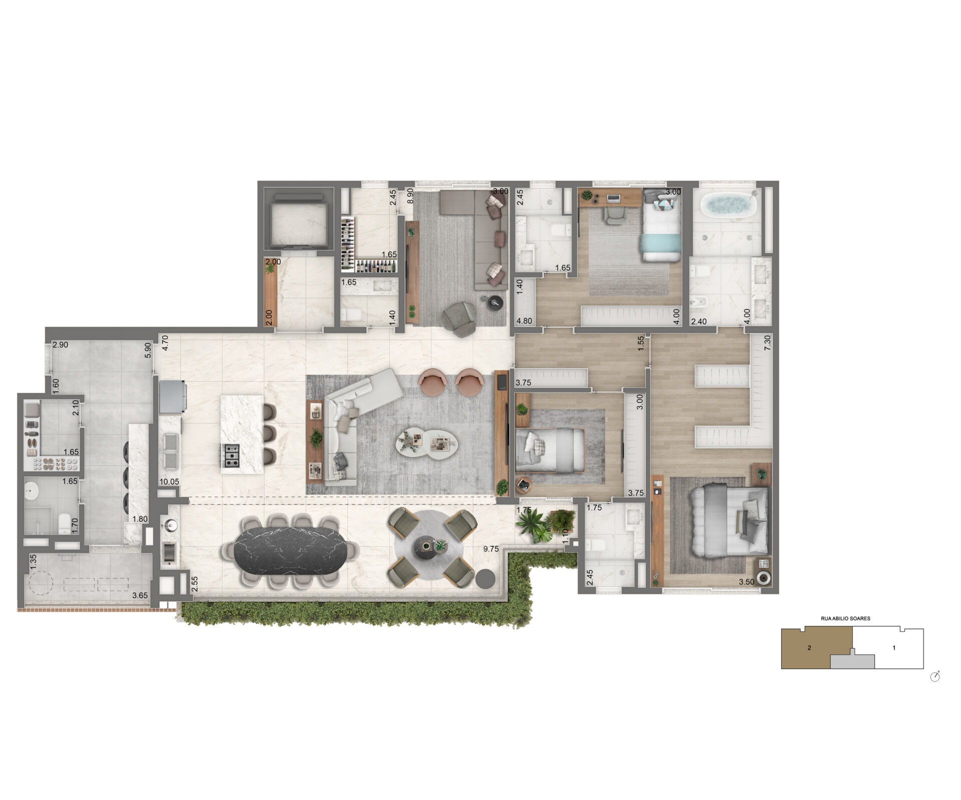 Planta de 232m² com cozinha aberta, adega e 3 suítes no PORTRAIT Parque do Ibirapuera