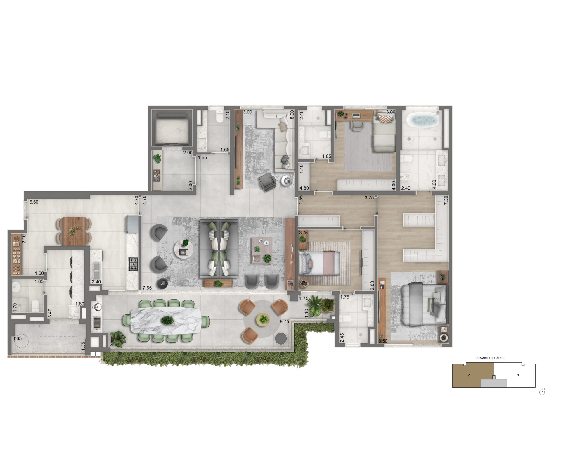 Planta com 3 suítes e sala íntima, 232m², Torre 3 do PORTRAIT Cyrela em Ibirapuera