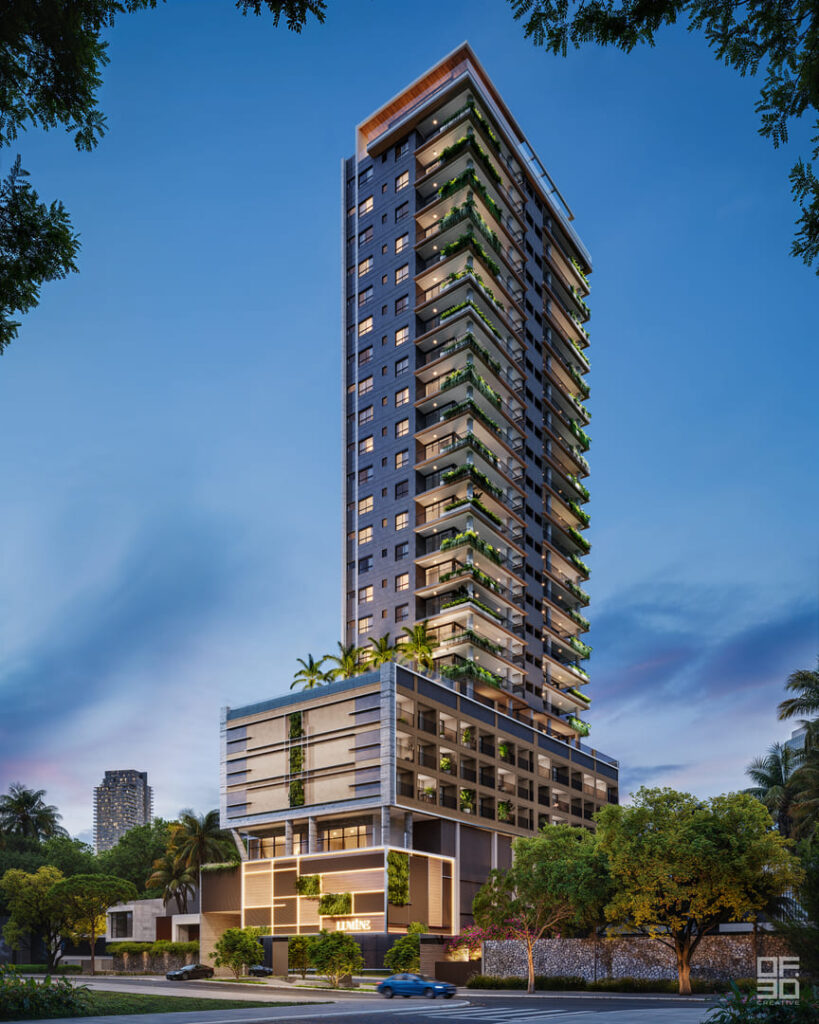 Fachada Imponente Do Lumine High Residence Na Rua Dr. Jesuíno Maciel, 100 – Campo Belo, Com Arquitetura Contemporânea E Iluminação Cênica Noturna.
