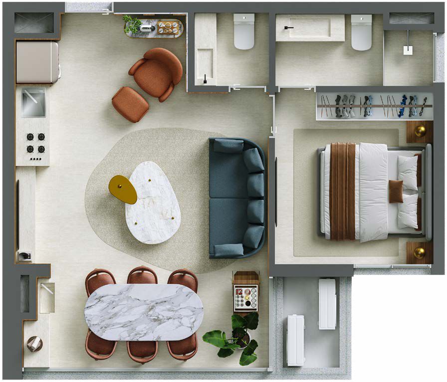VERT Vila Nova - Planta Planta de 51m² com 2 Quartos com Vaga
