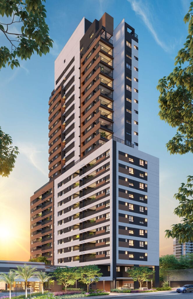 Fachada Contemporânea Do The Gardens Eleya, Lançamento Da Fibra Experts Na Av. Celso Garcia, 3355 – Tatuapé, Com Torre Única E Design Assinado Por Jonas Birger Arquitetura.