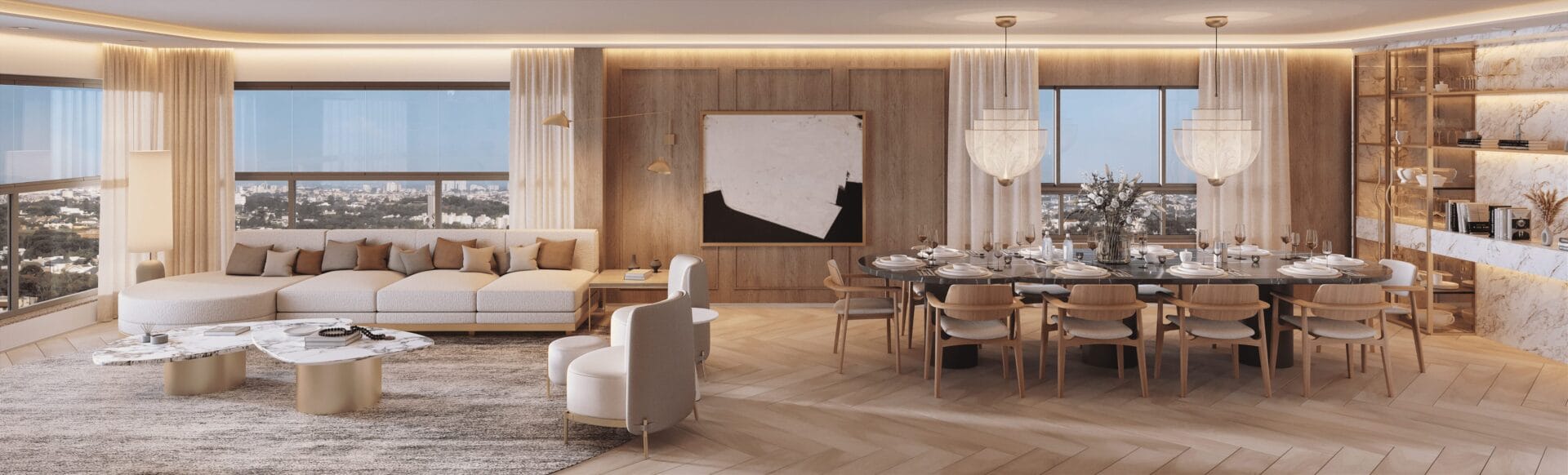 Naara Higienópolis — living do apartamento de 145 m² com vista panorâmica de São Paulo