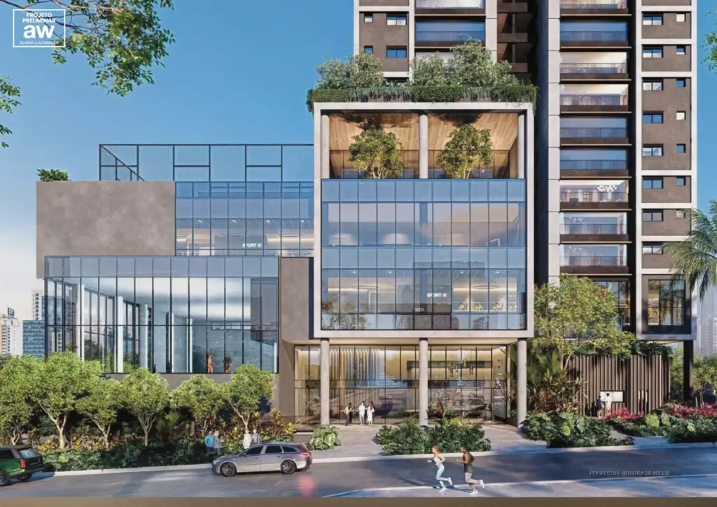 Fachada Envidraçada Do Quintessence Campo Belo, Lançamento Da Aw Realty Na Rua Gil Eanes, 750 – Campo Belo, São Paulo, Destacando O Acesso Principal E O Design Contemporâneo Da Torre.