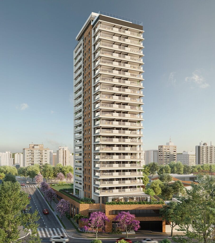 Fachada Do Axis Campo Belo, Lançamento Da Msb Sanchez Na Rua Doutor Jesuíno Maciel, 1774 – Campo Belo, São Paulo. Projeto Arquitetônico De Königsberger Vannucchi Com Volumetria Vertical E Acabamento Em Brick Naturalle, Cercado Por Paisagismo De Ricardo Cardim E Iluminação Cênica Que Valoriza O Skyline Do Bairro.